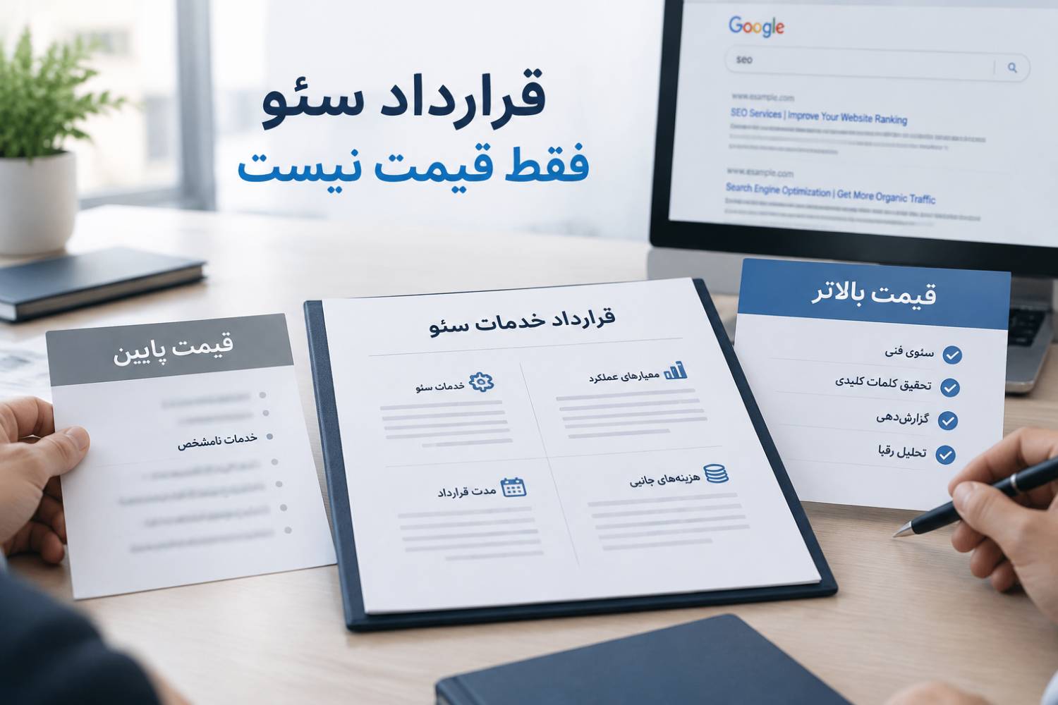 4 نکته برای نوشتن قرارداد خدمات سئو و نحوه قیمت‌گذاری ارزان‌ترین پیشنهاد لزوماً اقتصادی‌ترین گزینه نیست و قیمت بالاتر هم به‌خودی‌خود کیفیت بیشتری را تضمین نمی‌کند؛ اگر بودجه محدودی برای شروع سئو دارید، می‌توانید جزئیات خدمات سئو سایت اقتصادی را قبل از تصمیم‌گیری بررسی کنید تا بدانید چه خدماتی در قرارداد ارائه می‌شود و آیا این خدمات با اهداف و نیازهای کسب‌وکار شما تناسب دارند یا خیر.