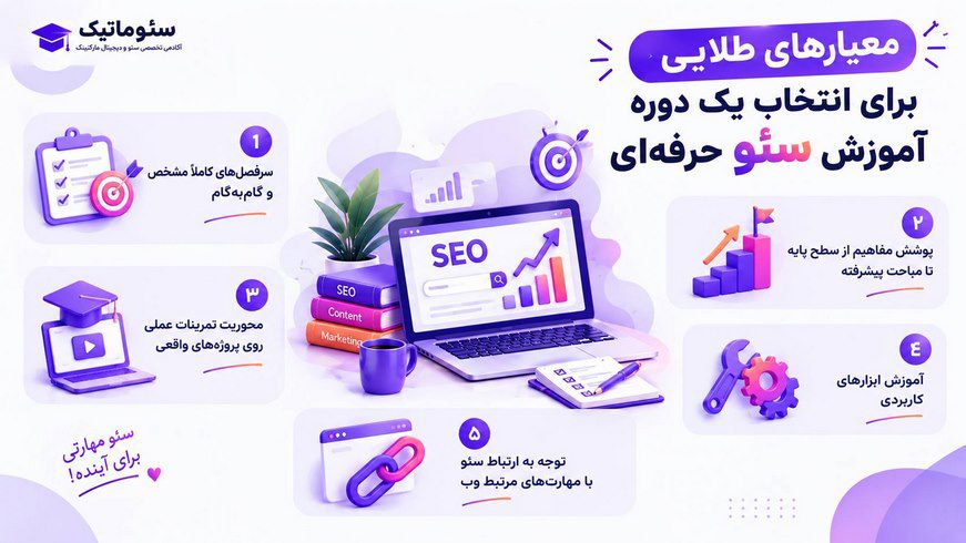 در سئوماتیک، آموزش سئو با سرفصلهای مشخص، تمرین عملی، آموزش ابزارهای کاربردی و مباحث پایه تا پیشرفته ارائه میشود تا یادگیری را به مهارت اجرایی تبدیل کنید.